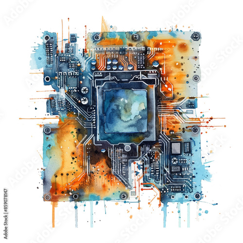 watercolor cpu on white background