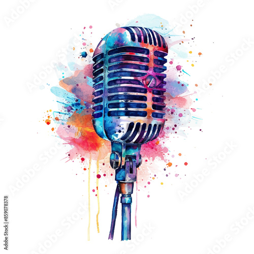 Watercolor microphone on white background