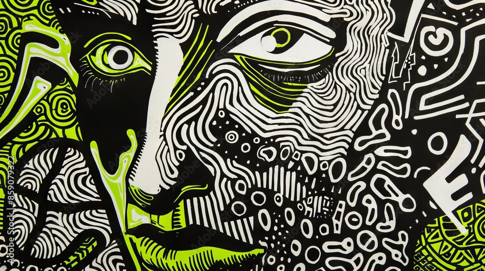 A black and green painting of a face. A black and green painting of a face.