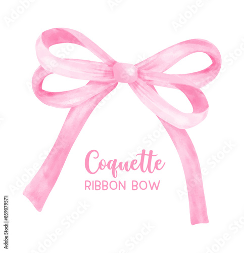 Cute Coquette pink ribbon double bow in Preppy Aesthetic Vintage watercolor illustration.