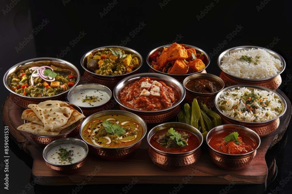 Indian Food - Assorted Curry Dishes for Dinner on Black Background Indian Food - Assorted Curry Dishes for Dinner on Black Background