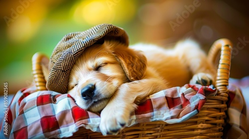 A puppy sleeping in a basket with a hat.