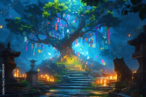 Cards with messages and wishes on the traditional Japanese wishing tree. Sacred wishing tree of desires and dreams. Chinese New Year and Lunar New Year celebrating.  photo