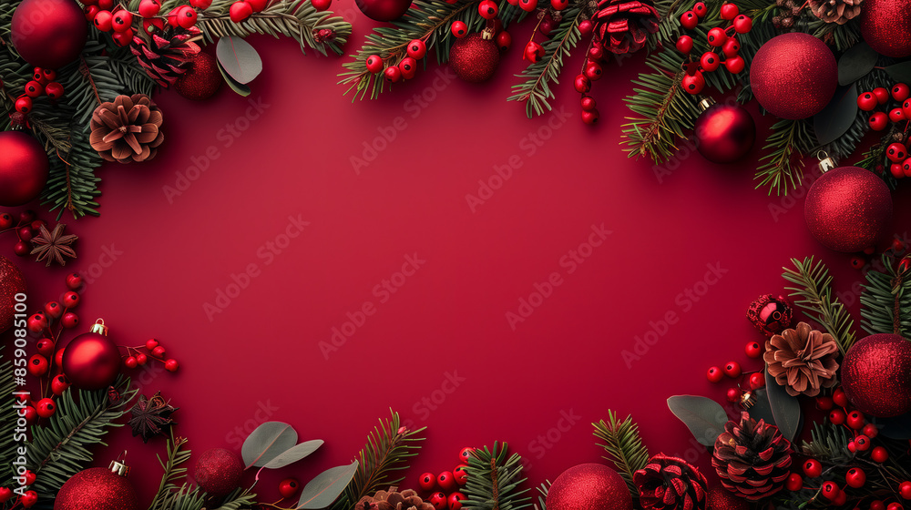 Elegant Christmas Background with Pine Cones, Red Ornaments, Berries, and Evergreen Branches on Red Elegant Christmas Background with Pine Cones, Red Ornaments, Berries, and Evergreen Branches on Red