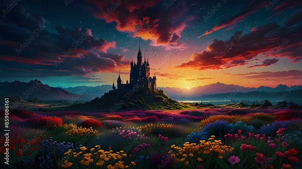 Fototapeta premium Sunset beside the castle and flower field.