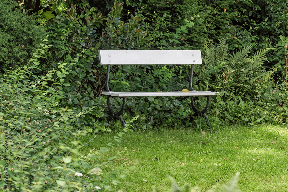 Fototapeta premium cream-colored wooden bench mounted on a black steel frame standing in a park