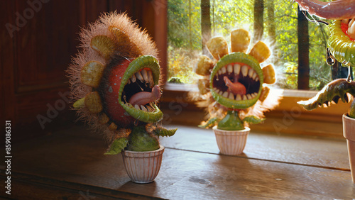 Close-up of two potted plant creatures on a window sill, with one in sharp focus and the other blurred in the background.