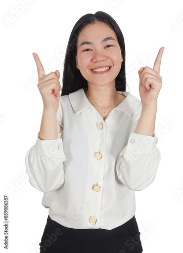 Smiling businesswoman both hand pointing up