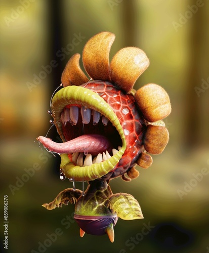 Plant creature in bright light with a sharp focus on its mouth and teeth, set against a forest background.