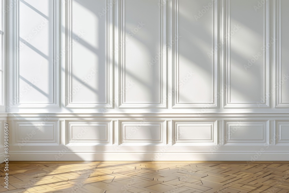 A large white wall with vertical paneling in an empty room with a parquet floor. A large white wall with vertical paneling in an empty room with a parquet floor.