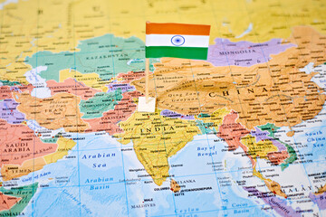 India on world map with flag