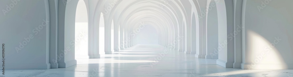 A long white corridor with arches, a blurred background, soft light and shadow A long white corridor with arches, a blurred background, soft light and shadow
