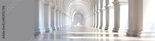 A long white corridor with arches, a blurred background, soft light and shadow