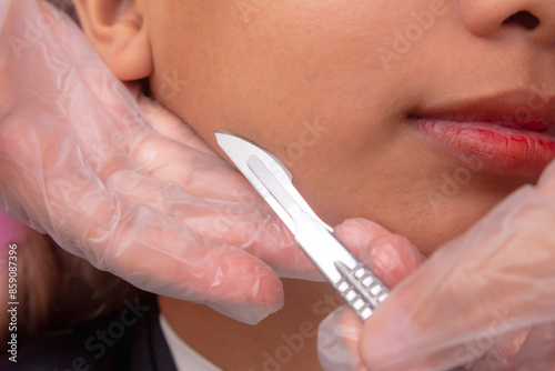 Close-up of dermaplaning or microplaning procedure to closely shave and exfoliating the skin. photo
