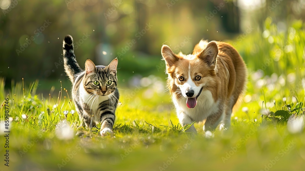Cat and Dog on a Sunny Meadow