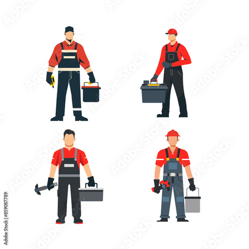 set of four simple vector illustrations on a white background, flat design, different workers with tool boxes and tools in their hands wearing red t-shirts or overalls