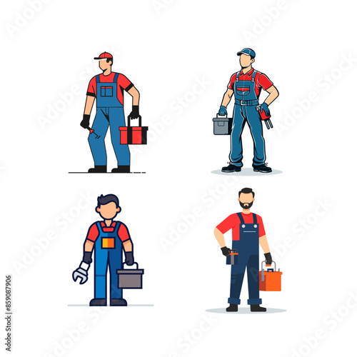 A set of simple flat vector illustrations, a mechanic in the style of red uniform with black overalls and helmet holding tools standing