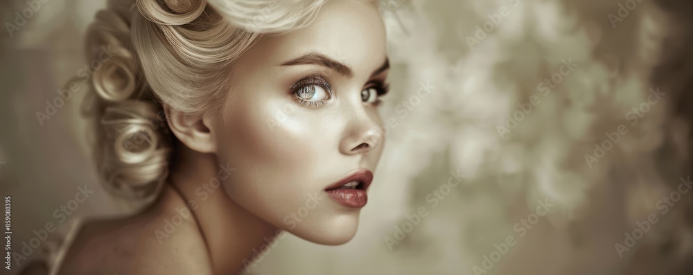 A glamorous portrait of a woman styled in vintage fashion, with classic makeup and hairstyle. The luxurious background and her poised expression evoke a sense of old Hollywood glamour. A glamorous portrait of a woman styled in vintage fashion, with classic makeup and hairstyle. The luxurious background and her poised expression evoke a sense of old Hollywood glamour.