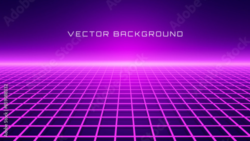 Purple Retro Futuristic Neon Grid Background. 80s Design Perspective Plane Landscape. Neon Lines Lights. Synthwave, Retrowave, Vaporwave Theme Vector Illustration