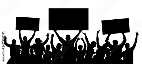 People holding banners on background of cheerful crowd people, silhouette. Audience agitation. Vector illustration