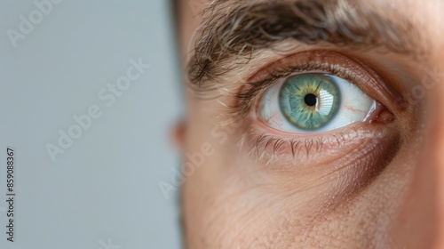 Intense Close-up of Man's Curious Eyes with Raised Eyebrow on Neutral Background, Copy Space to Side