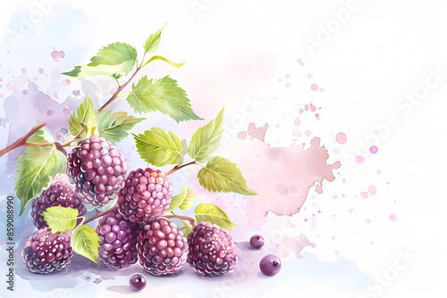 Watercolor painting of ripe blackberries on a branch with green leaves and watercolor splatters on the background.