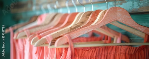 A detailed shot of wooden hangers displaying a variety of clothes, including vibrant coral-colored tops. The rustic background and warm tones create a cozy and stylish atmosphere.