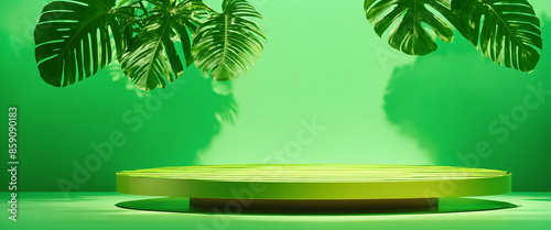 
Minimalist green podium for product presentation and green background with tropical leaves on the sides of it, high quality photo, cinematic shot, realistic, film grain, volumetric light, imax, photo photo