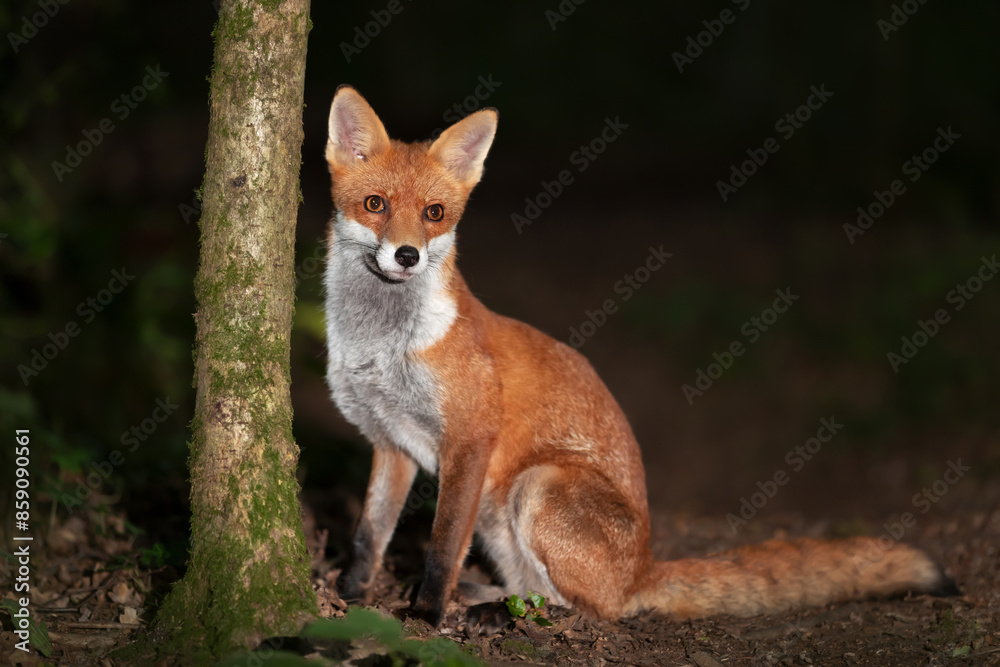 Fototapeta premium Portrait of a young red fox sitting in a forest at night