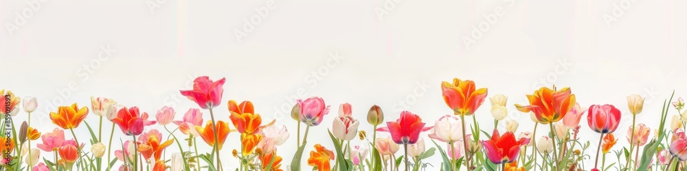 Tulips On White. Colorful Spring Tulip Flowers in Field with Green Plants Tulips On White. Colorful Spring Tulip Flowers in Field with Green Plants