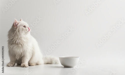 White background, white floor, side view of an Selkirk Rex cat sitting at the edge of the photo on the ground, licking his lips and looking up, minimalist style in front of him there is a cat bowl photo