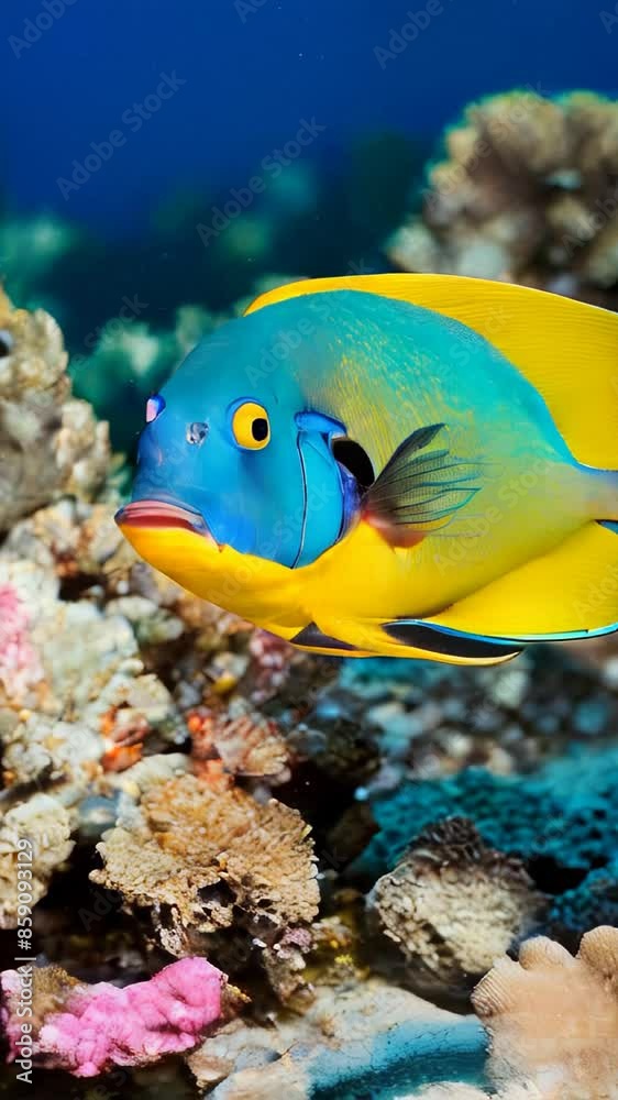 Tropical angelfish gliding through vibrant coral reef in clear blue ocean water, showcasing underwater beauty in slow motion Tropical angelfish gliding through vibrant coral reef in clear blue ocean water, showcasing underwater beauty in slow motion