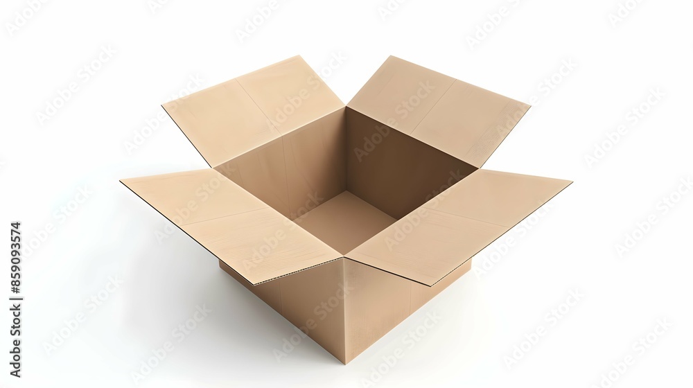 3d icon, an open square kraft cardboard box, front view, white backgrounds