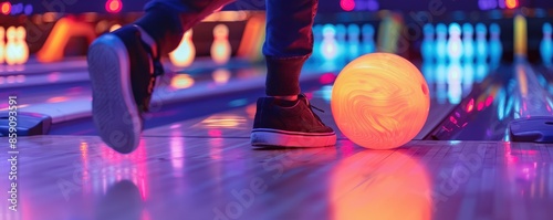 Close-up of legs in jeans and white sneakers playing bowling with a glowing pink ball, colorful bowling pins in the background.