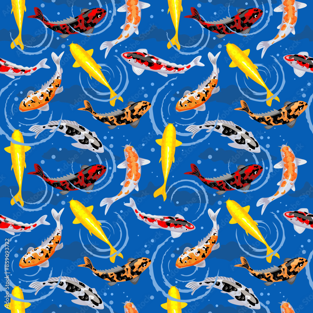 Seamless pattern with a koi fish pond. Koi carps. Seamless pattern with golden, red and black koi carps on background of water waves Seamless pattern with a koi fish pond. Koi carps. Seamless pattern with golden, red and black koi carps on background of water waves
