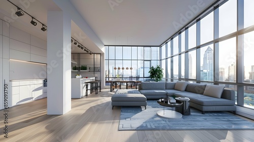 3D rendering of a large living room with white walls and floor-to-ceiling windows, modern interior design. There is an open kitchen on the left side, a gray sofa © PSCL RDL
