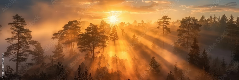 Sunrise Through a Misty Forest Sunrise Through a Misty Forest
