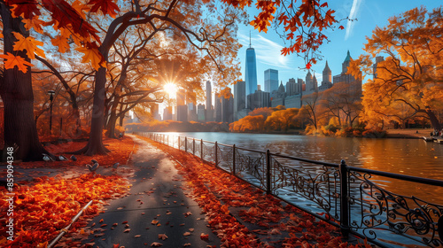 Vibrant Central Park Fall Foliage with City Skyline in Autumn Light - Peaceful Urban Nature Scene