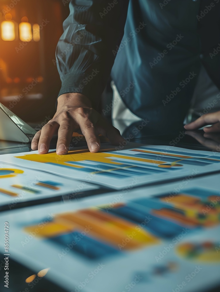A businessman analyzing colorful charts and graphs on a board, concept of business analysis A businessman analyzing colorful charts and graphs on a board, concept of business analysis