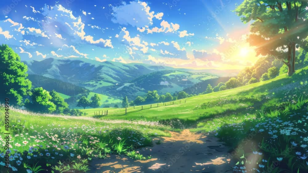beautiful spring view in the mountains. grassy fields and rolling hills, anime style