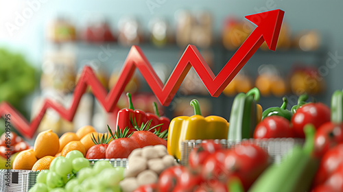 Rising food prices as a financial chart with a three-dimensional arrow that symbolizes the inflation crisis in food costs, illustrating dramatic changes in the food market.