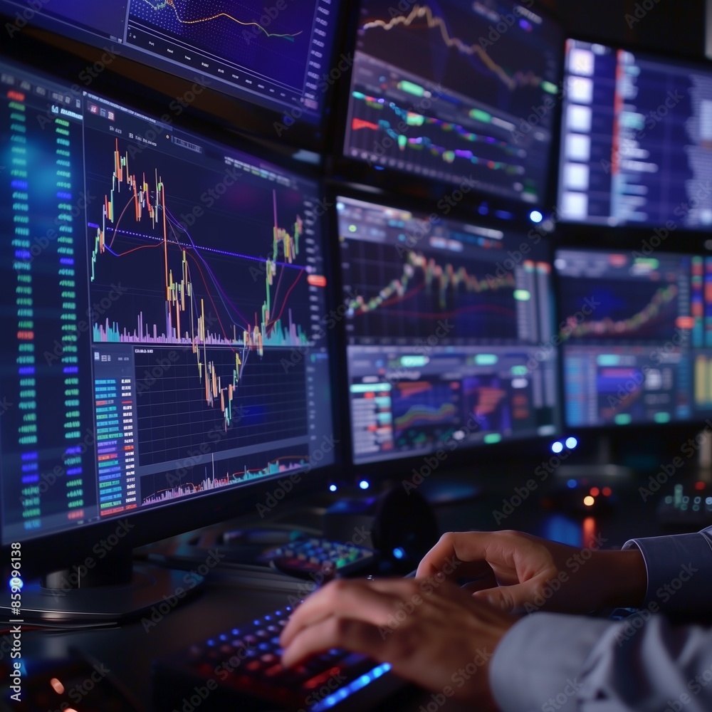 Close-up of a stock broker's hands analyzing charts and data on multiple screens, focus on screens. Business concept for stock market. financial chart graphs concept Close-up of a stock broker's hands analyzing charts and data on multiple screens, focus on screens. Business concept for stock market. financial chart graphs concept
