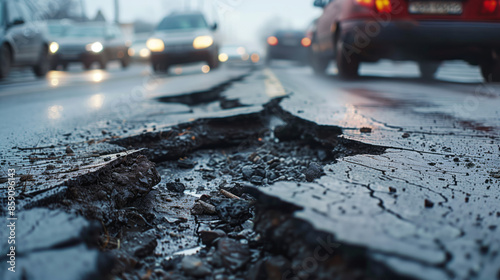 Broken road in the middle of busy road