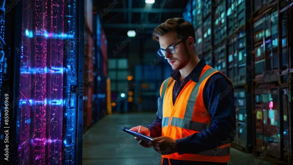 A young male warehouse worker wearing a reflective vest and safety glasses is using a tablet while standing in a brightly lit warehouse aisle. A young male warehouse worker wearing a reflective vest and safety glasses is using a tablet while standing in a brightly lit warehouse aisle.