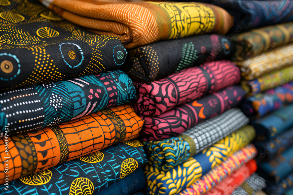 Close-up image of colorful African textiles and fabrics in a local market. Intricate patterns, textures and rich colors Close-up image of colorful African textiles and fabrics in a local market. Intricate patterns, textures and rich colors