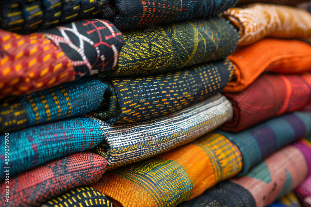 Close-up image of colorful African textiles and fabrics in a local market. Intricate patterns, textures and rich colors Close-up image of colorful African textiles and fabrics in a local market. Intricate patterns, textures and rich colors