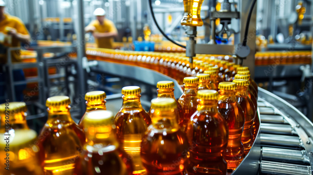 Indoor shot of a bottling plant with machines filling and capping bottles Indoor shot of a bottling plant with machines filling and capping bottles