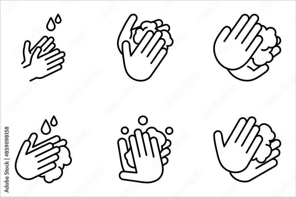 Simple Set of Washing Hands Related Vector Line Icons. Contains such Icons as Washing Instruction, vector illustration on white background Simple Set of Washing Hands Related Vector Line Icons. Contains such Icons as Washing Instruction, vector illustration on white background