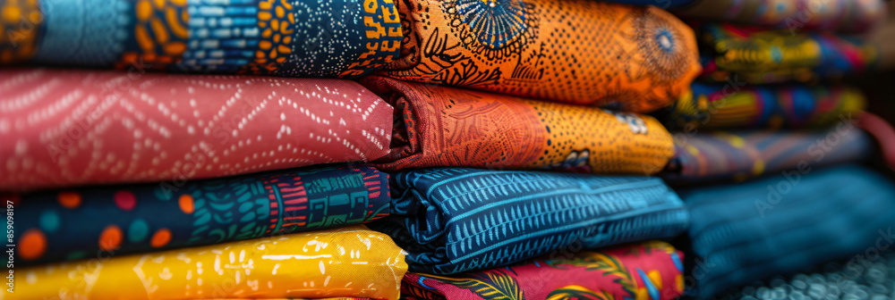 Close-up image of colorful African textiles and fabrics in a local market. Intricate patterns, textures and rich colors Close-up image of colorful African textiles and fabrics in a local market. Intricate patterns, textures and rich colors