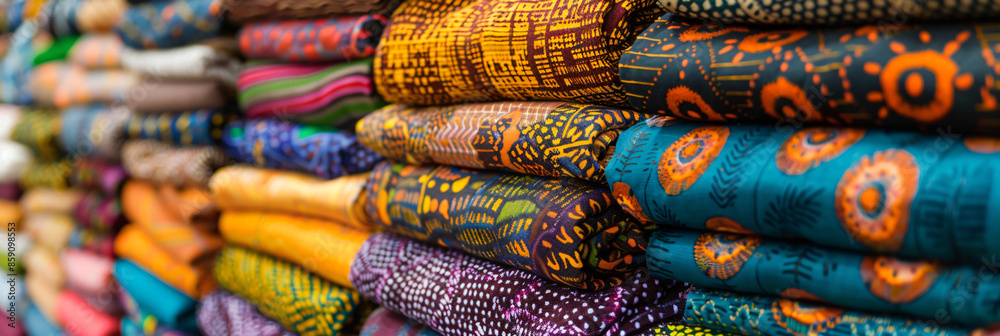 Close-up image of colorful African textiles and fabrics in a local market. Intricate patterns, textures and rich colors Close-up image of colorful African textiles and fabrics in a local market. Intricate patterns, textures and rich colors